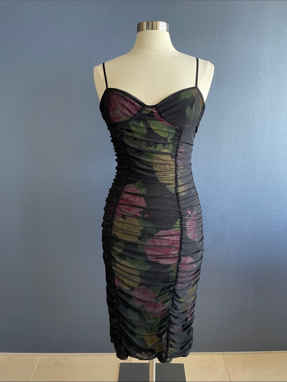 AFRM Black Ruched Midi Dress with Pink & Green Floral Print